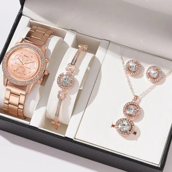 6PCS Set Luxury Watch Women Ring Necklace Earrings Rhinestone Fashion Wristwatch Female Casual Ladies Watches Bracelet Set Clock