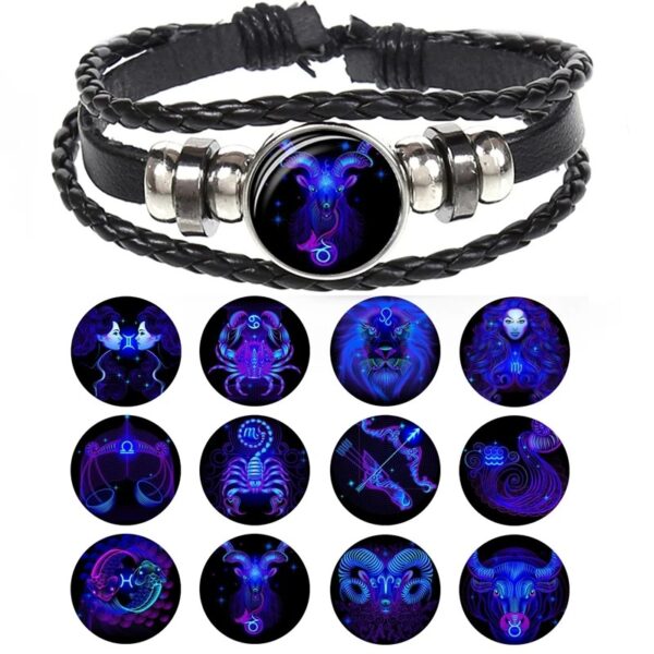 Zodiac Sign Braided  Gemini Cancer Leo Virgo Libra Scorpio 12 Constellation Black Punk Leather Zodiac Bracelet For Men Women