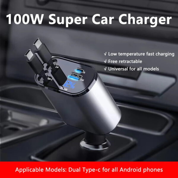 100W Car Charger Car Super Fast Charge Flash Charging, Telescopic Cable Four-in-one Point Smoker Car Charging